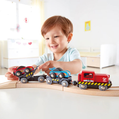 hape train track race transporter carriage set