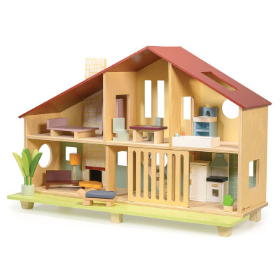 Mentari Cedar Chalet Dollhouse with Doll Furniture