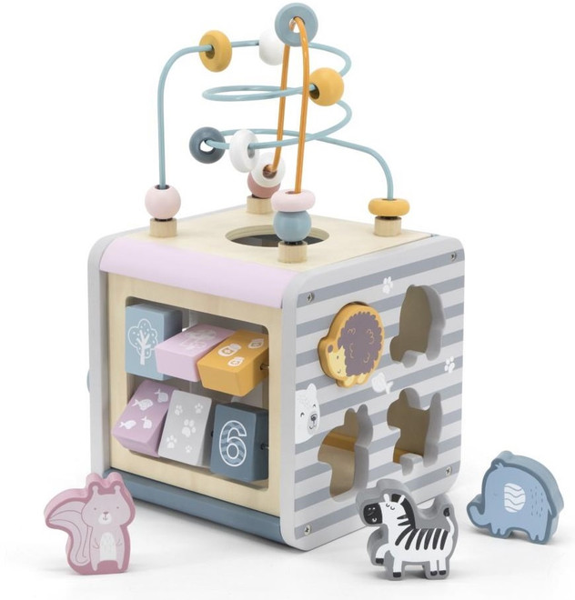 PolarB 5-in-1 Activity Box view of card abacus, shape sorter, and bead maze