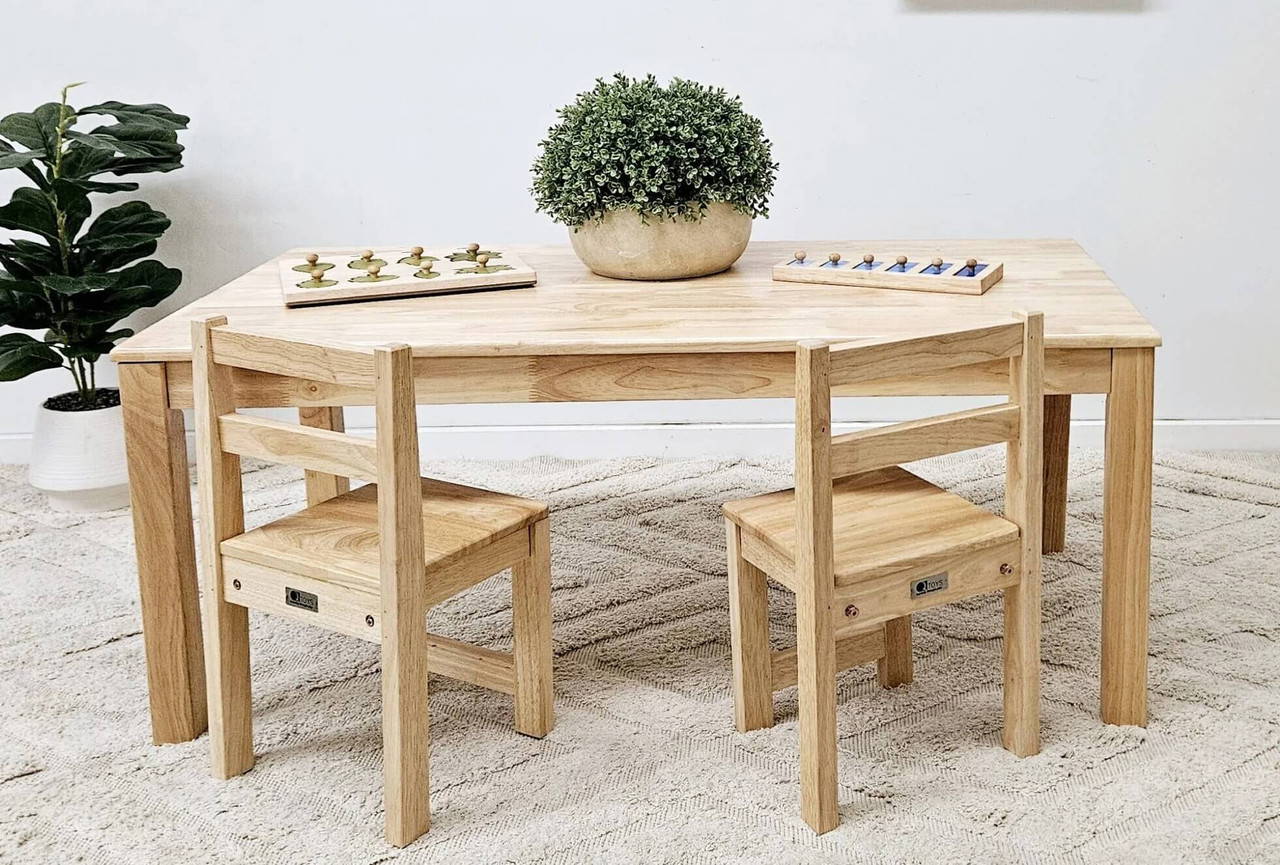 kids natural wooden rectangle table with smaller chairs