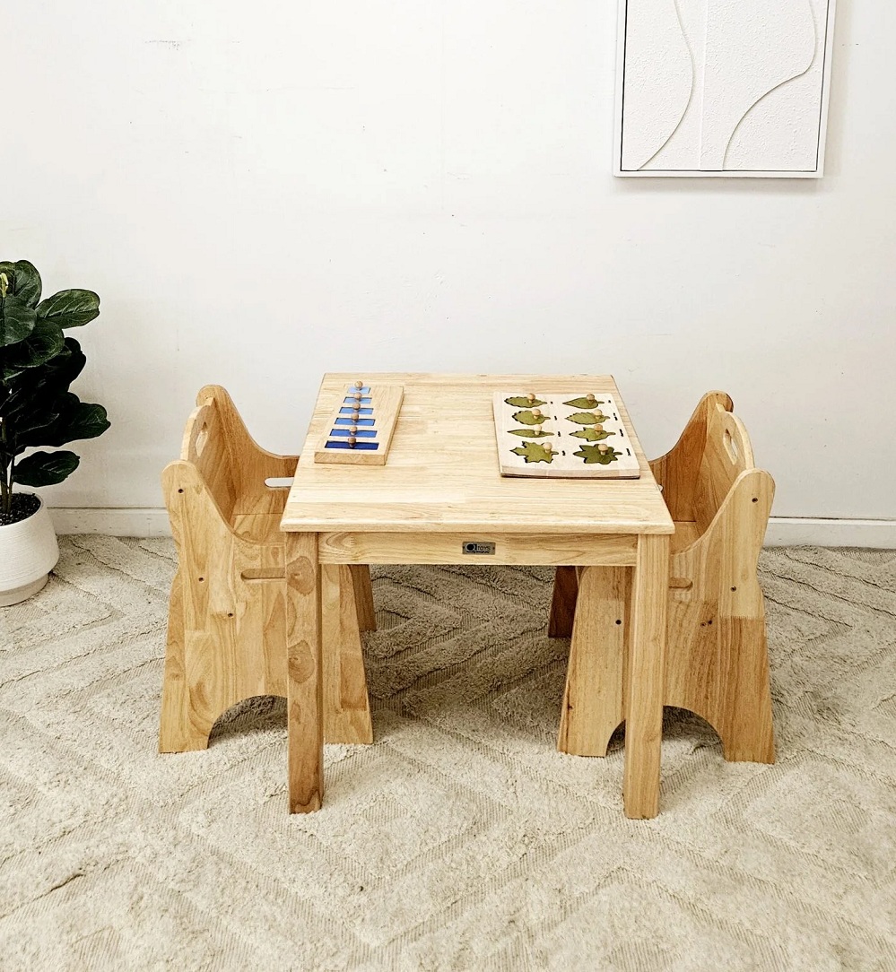 kids natural wooden table and two toddler chairs