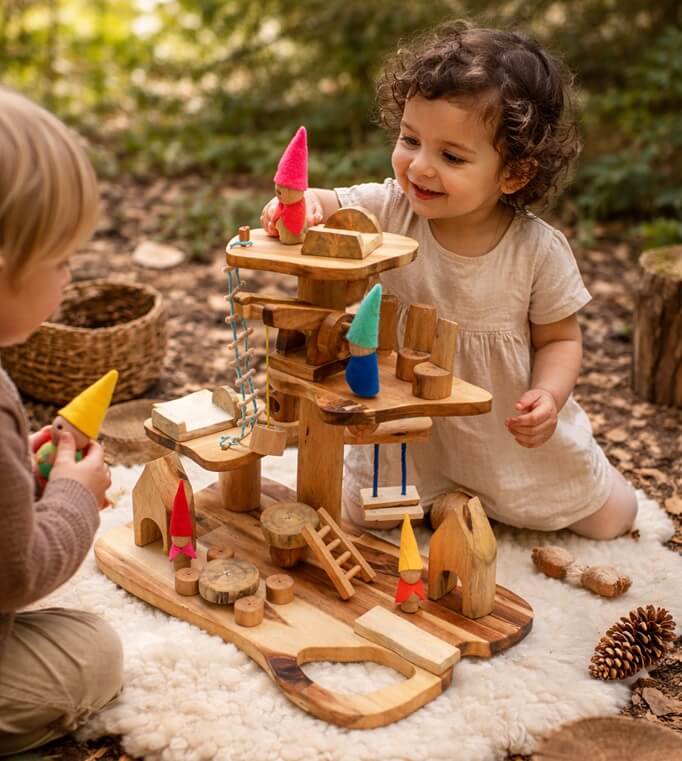 wooden gnome treehouse with accessories