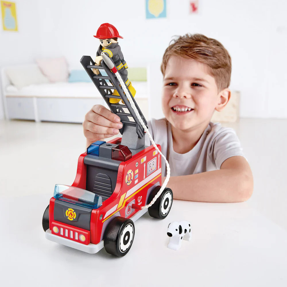 hape fire truck with boy