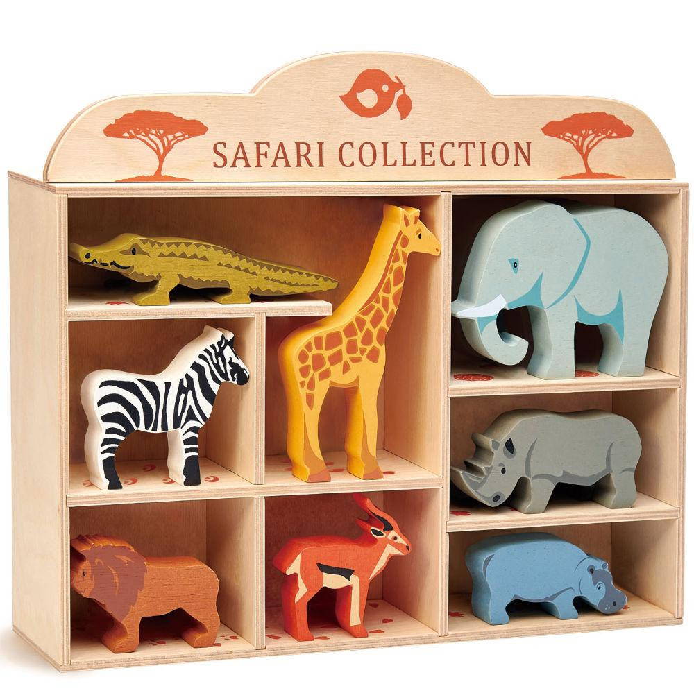 Tenderleaf Wooden Animal Safari Set with Display Shelf