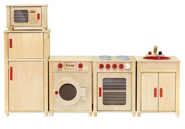 Viga Wooden Natural Home Corner Set with Kitchen Stove, Sink, Fridge, Microwave & Washing Machine