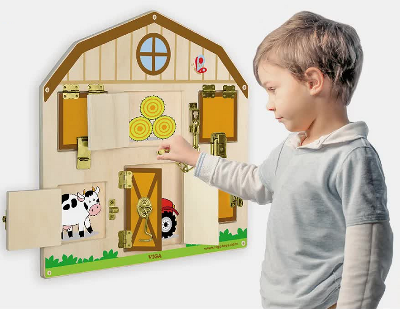 viga wall lock and latch activity toy