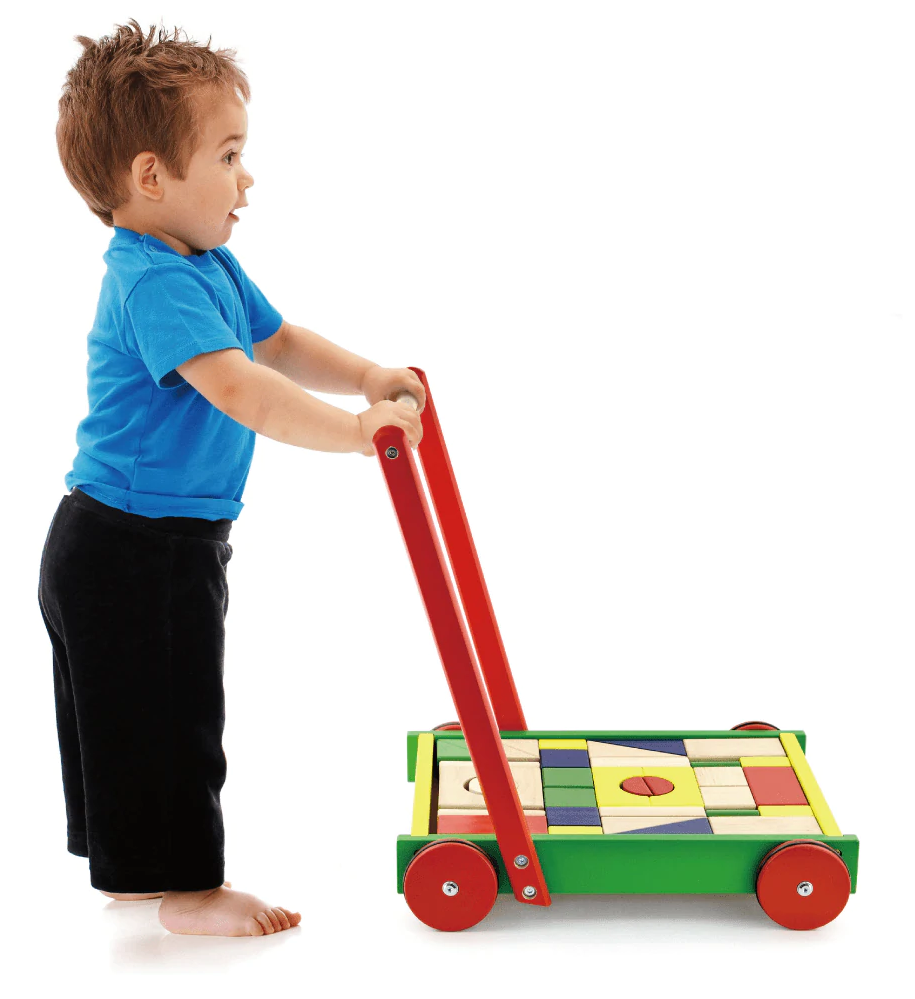 boy pushing viga block wagon
