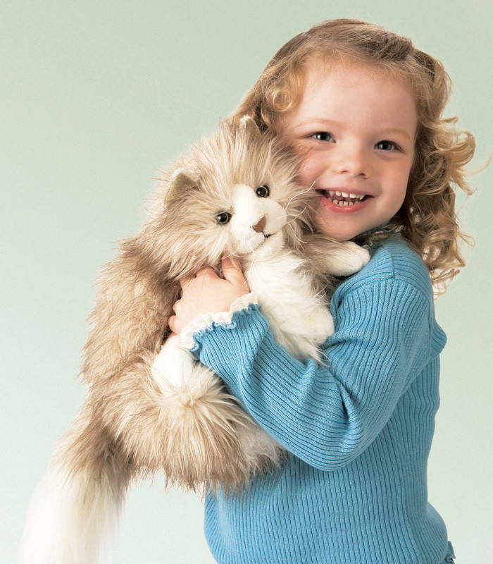 Girl Play With Folkmanis Fluffy Cat Puppet