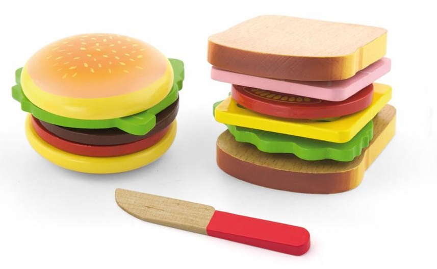 Viga Hamburger and Sandwich Set adds some savory dimensions to your child's play kitchen. Viga Hamburger and Sandwich Set adds some savory dimensions to your child's play kitchen.