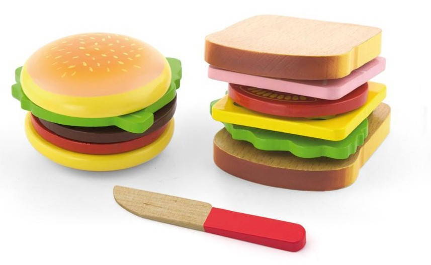 Viga Hamburger and Sandwich Set adds some savory dimensions to your child\'s play kitchen.