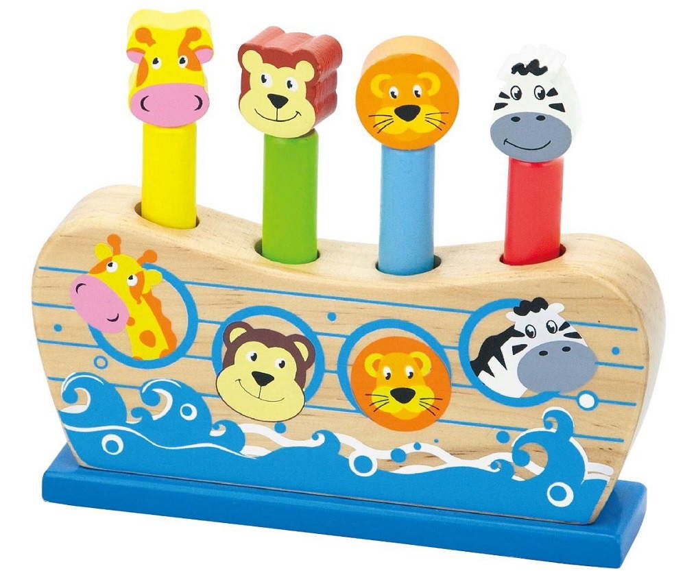 Viga Pop Up Noah\'s Ark is a fun toy that allows a child to push an animal in, then wait for it to pop out.