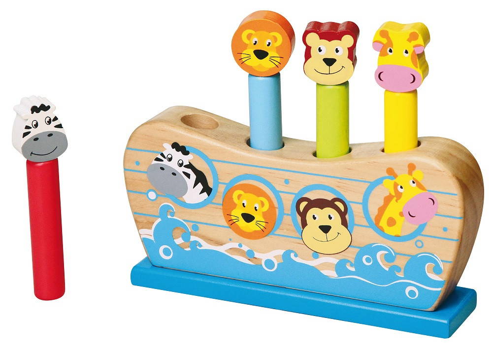 Viga Pop Up Noah\'s Ark is a fun toy that allows a child to push an animal in, then wait for it to pop out.