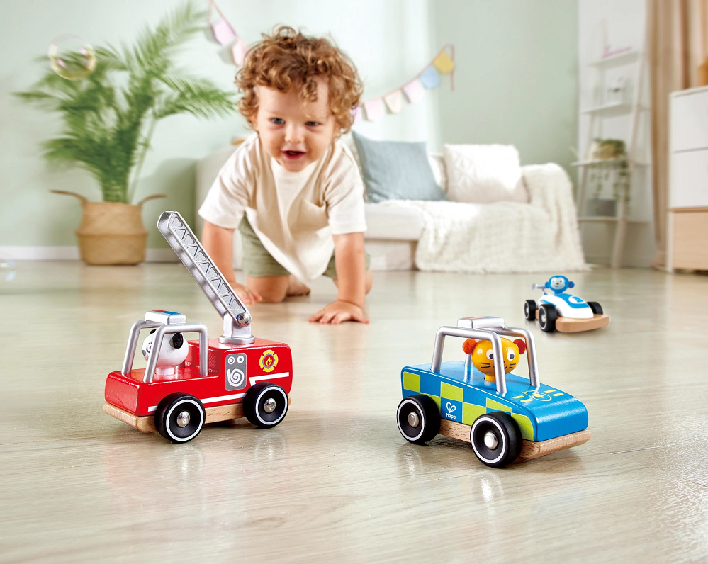 Featuring animal drivers, this is a whole community of familiar vehicles we see on the road: rescue, construction, and race cars.