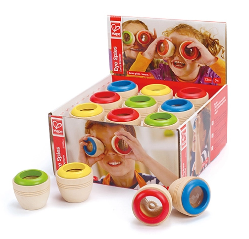 Hape Eye Spies Mini Wooden Kaleidoscope Set contains 18 pieces of Hape\'s beloved palm-sized kaleidoscopes!