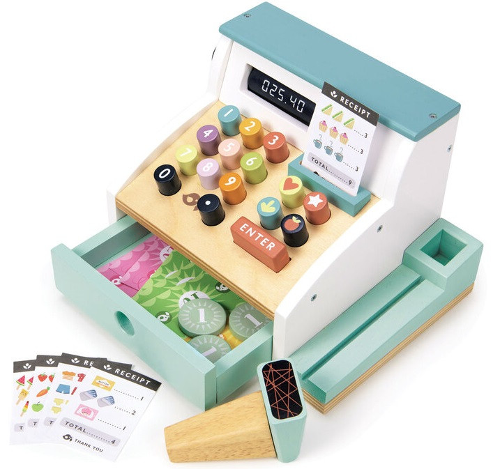 Market play has never been so exciting. This adorable wooden till comes painted in soft, muted colours for all its bells and whistles.