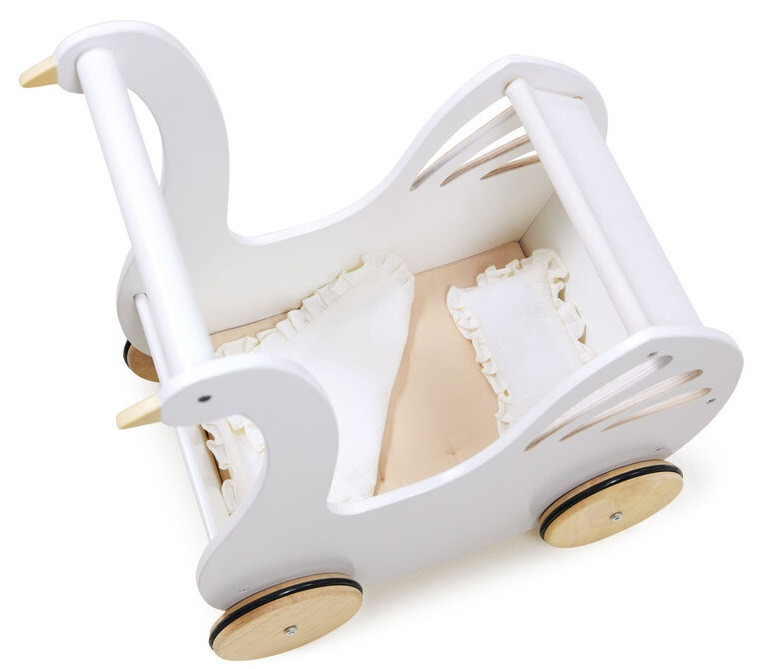 A fabric canopy keeps dollies shaded from the bright sun as the smooth rubber-trimmed wheels roll around.