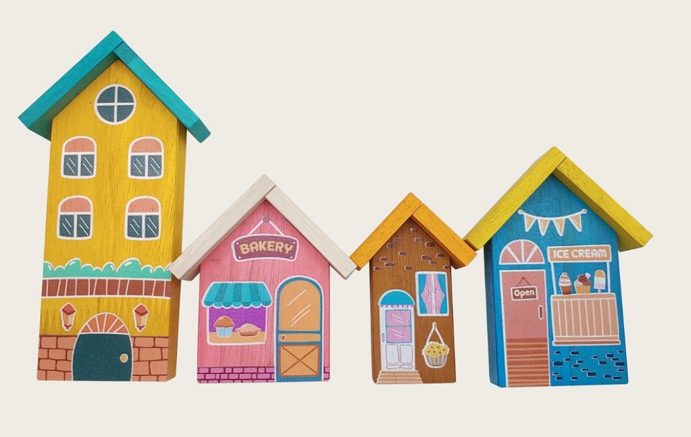 These wooden buildings come in lovely, vibrant colours that make a village come alive! Includes: 2 houses, a bake shop, and an ice cream shop. These wooden buildings come in lovely, vibrant colours that make a village come alive! Includes: 2 houses, a bake shop, and an ice cream shop.