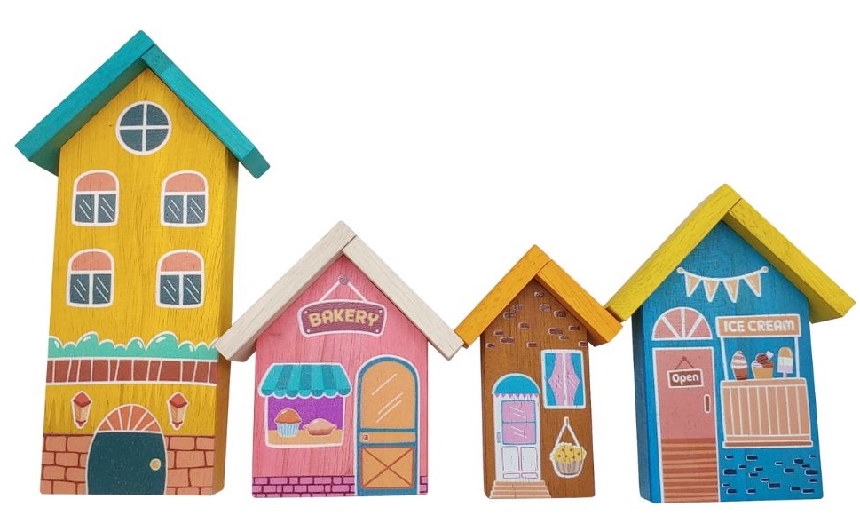 Qtoys Wooden Play Village is a set of 4 different types of houses and shoppes that are perfect for small world play. Qtoys Wooden Play Village is a set of 4 different types of houses and shoppes that are perfect for small world play.