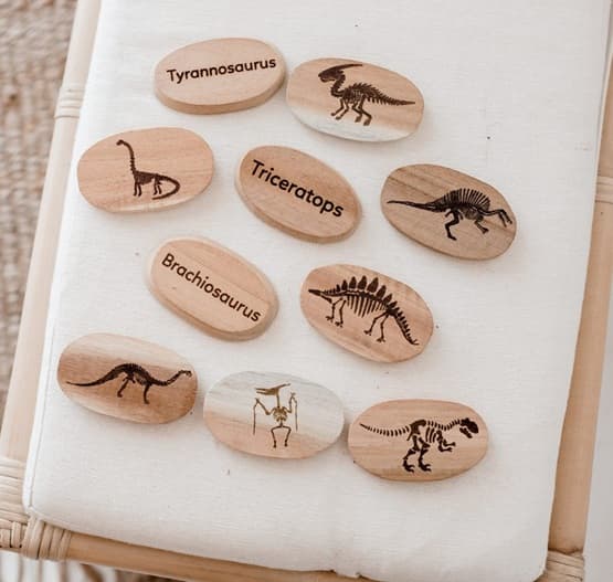 wooden dinosaur learning stones