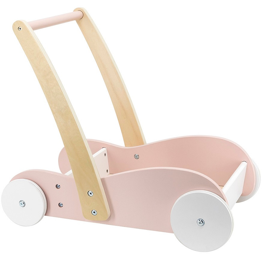 This beautiful baby walker in pink rides smooth thanks to the rubber lining on its wheels.