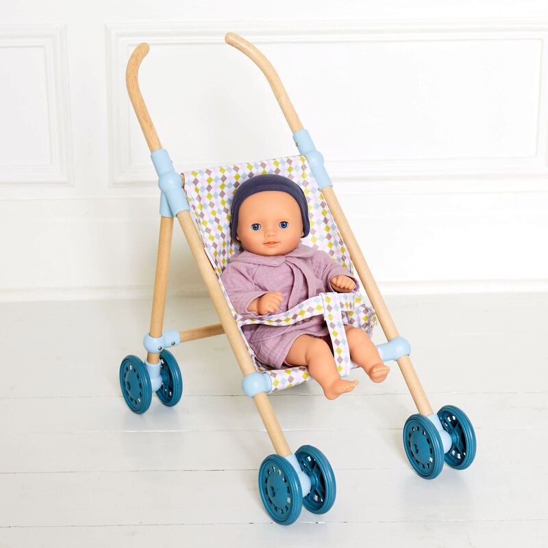 Wooden Doll Umbrella Stroller with a Djeco Pomea Baby Doll Wooden Doll Umbrella Stroller with a Djeco Pomea Baby Doll