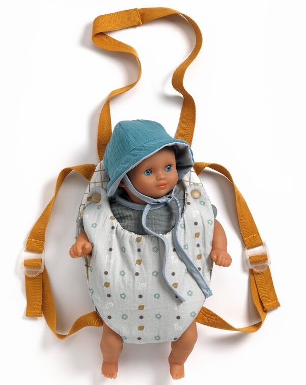 Blue Grey Baby Doll Carrier with a Djeco Pomea Doll Blue Grey Baby Doll Carrier with a Djeco Pomea Doll