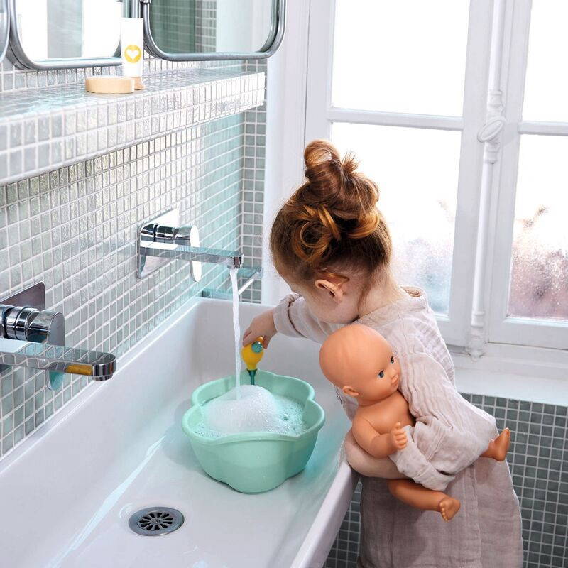 Djeco Baby Boy Olive Pomea Hard Body Doll going for a bath