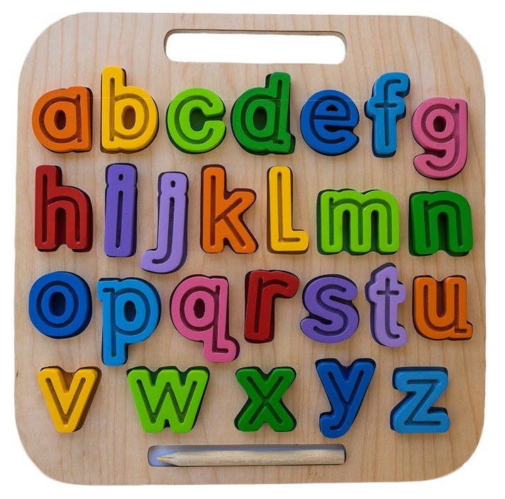 lowercase wooden alphabet puzzle and tracing board
