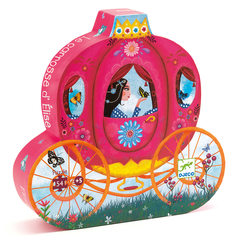 Djeco Elise's Carriage 54pc Silhouette Puzzle Box is shaped like a carriage Djeco Elise's Carriage 54pc Silhouette Puzzle Box is shaped like a carriage