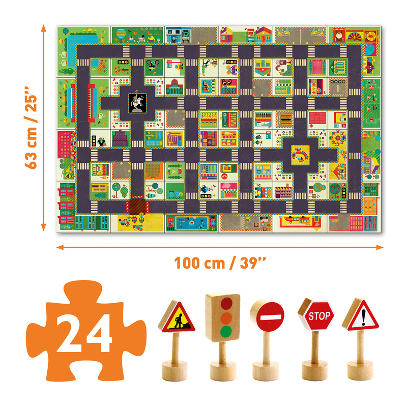 Djeco City Road 24pc Giant Pop-To-Play Puzzle includes 5 wooden traffic signal posts
