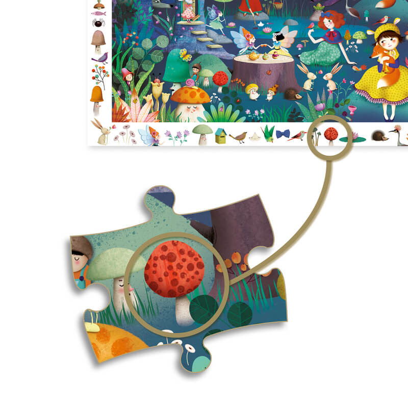 Djeco Enchanted Forest 100pc Observation Puzzle includes a seek-and-find activity