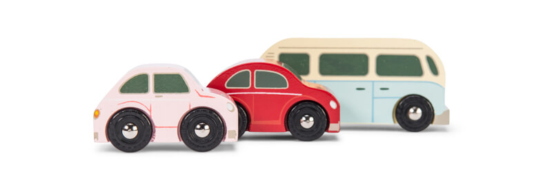 Le Toy Van Retro Metro Car Set consists of a hatchback, a beetle, and a van
