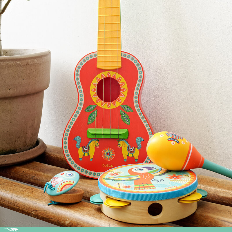 Djeco Animambo Ukulele with other Animambo instruments