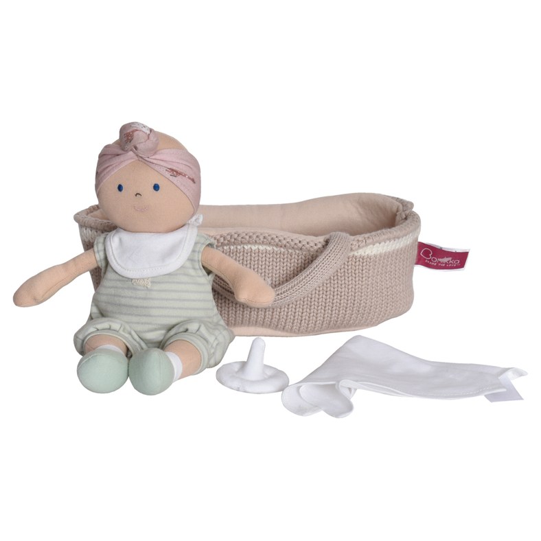 Bonikka Baby Doll with Green Outfit and Knitted Carry Cot Bassinet - image 2