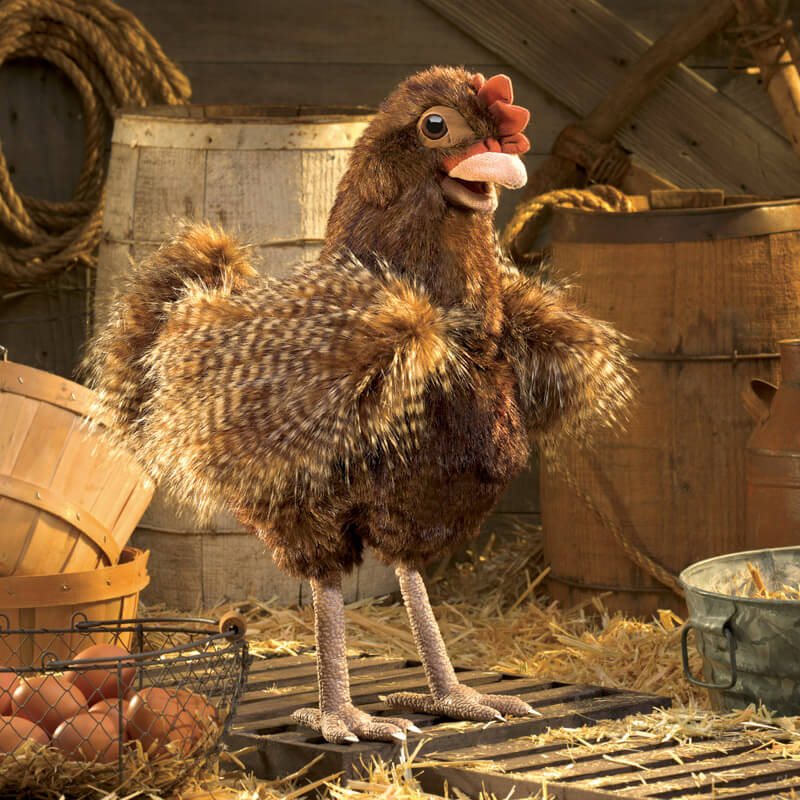 Folkmanis Hen Puppet in barn scenery