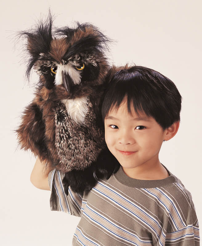 Child with Folkmanis Great Horned Owl Puppet Child with Folkmanis Great Horned Owl Puppet