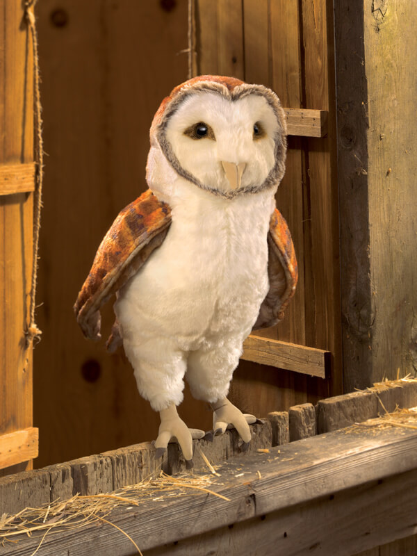 Folkmanis Barn Owl Puppet in barn scenery