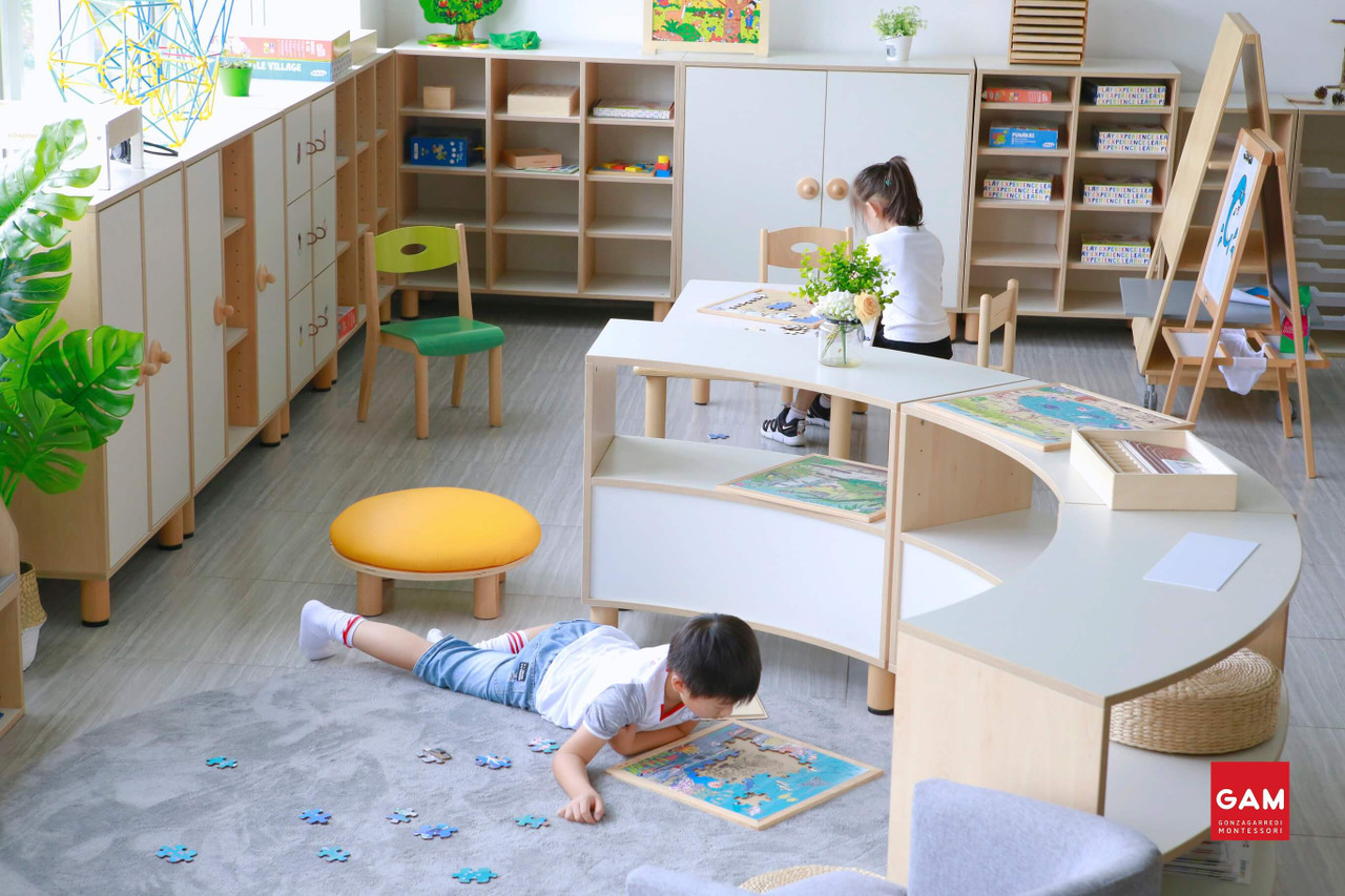 GAM Montessori Curved Half Open Shelf in learning centre