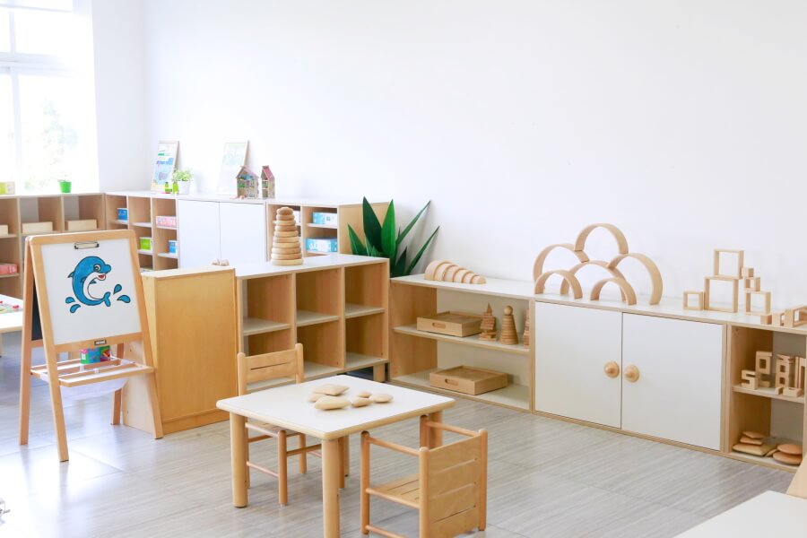 GAM Montessori 2 Tier Wide Cabinet in a large learning space