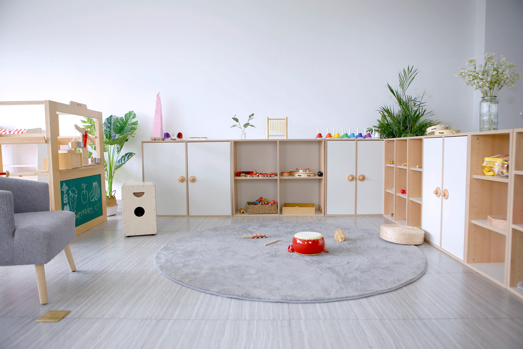 GAM Montessori 3 Tier Wide Cabinet in playroom