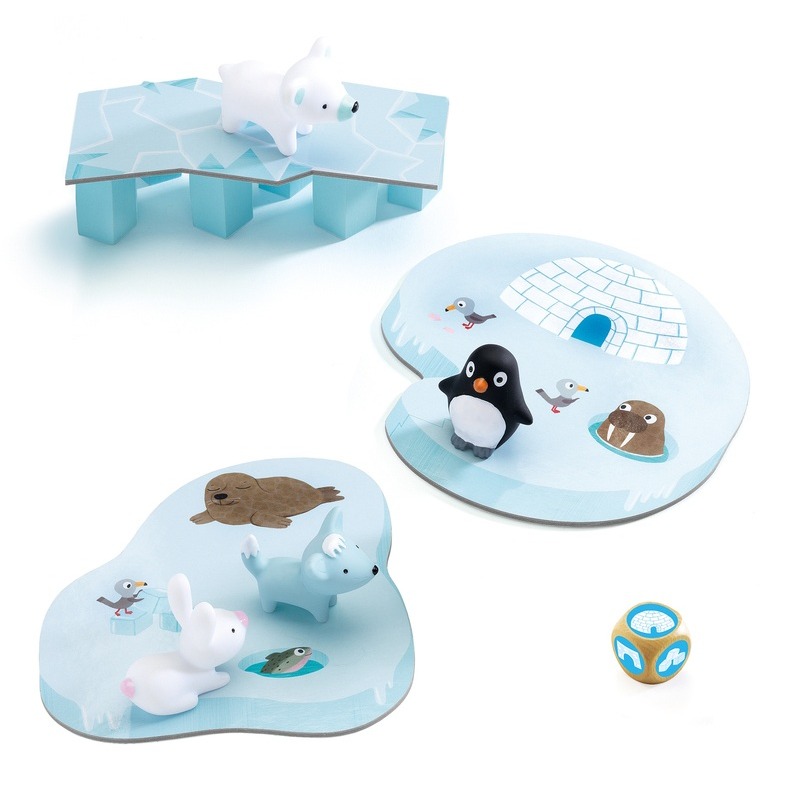 Board game with animal figures, an ice bridge, and an igloo