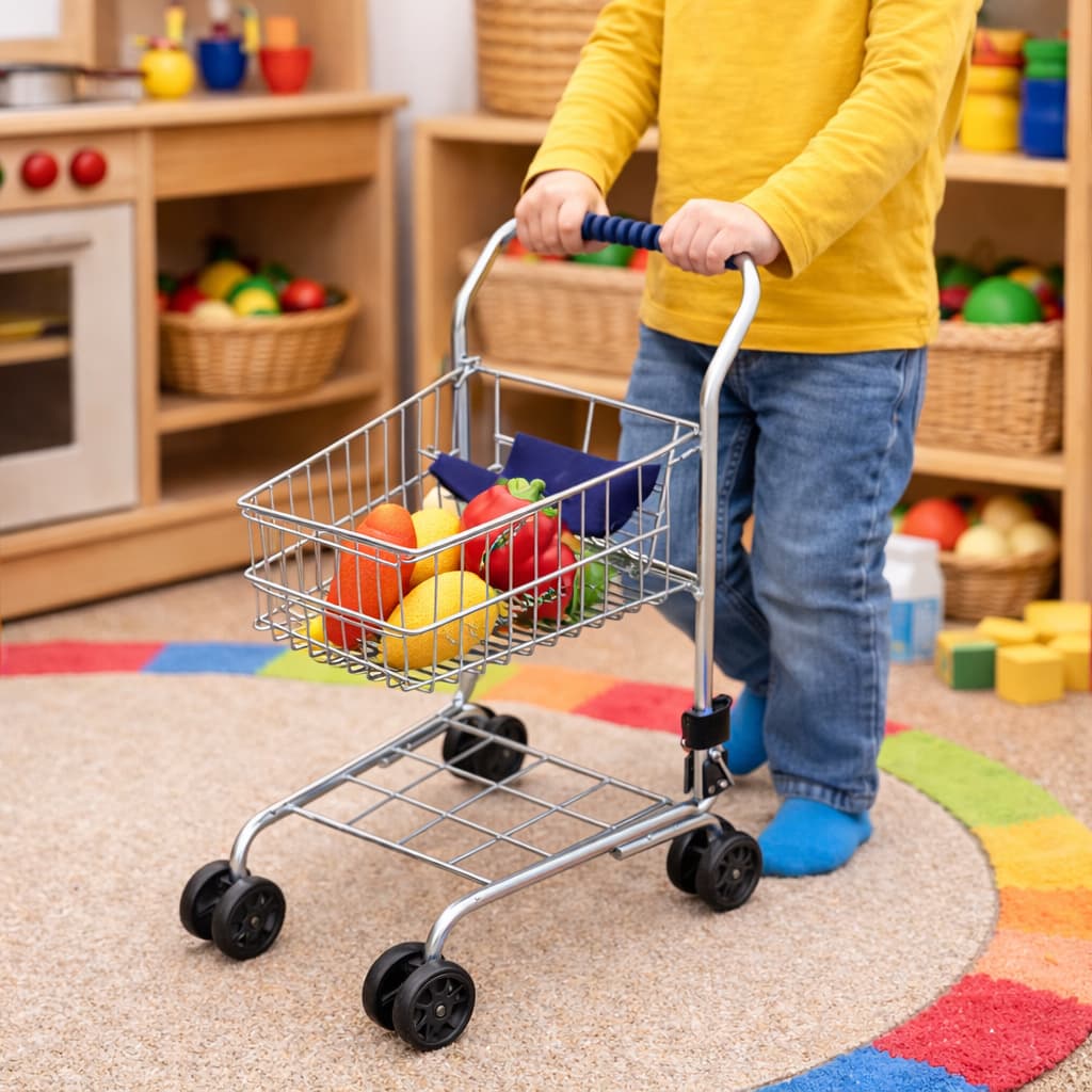 child pushing mini shopping trolley