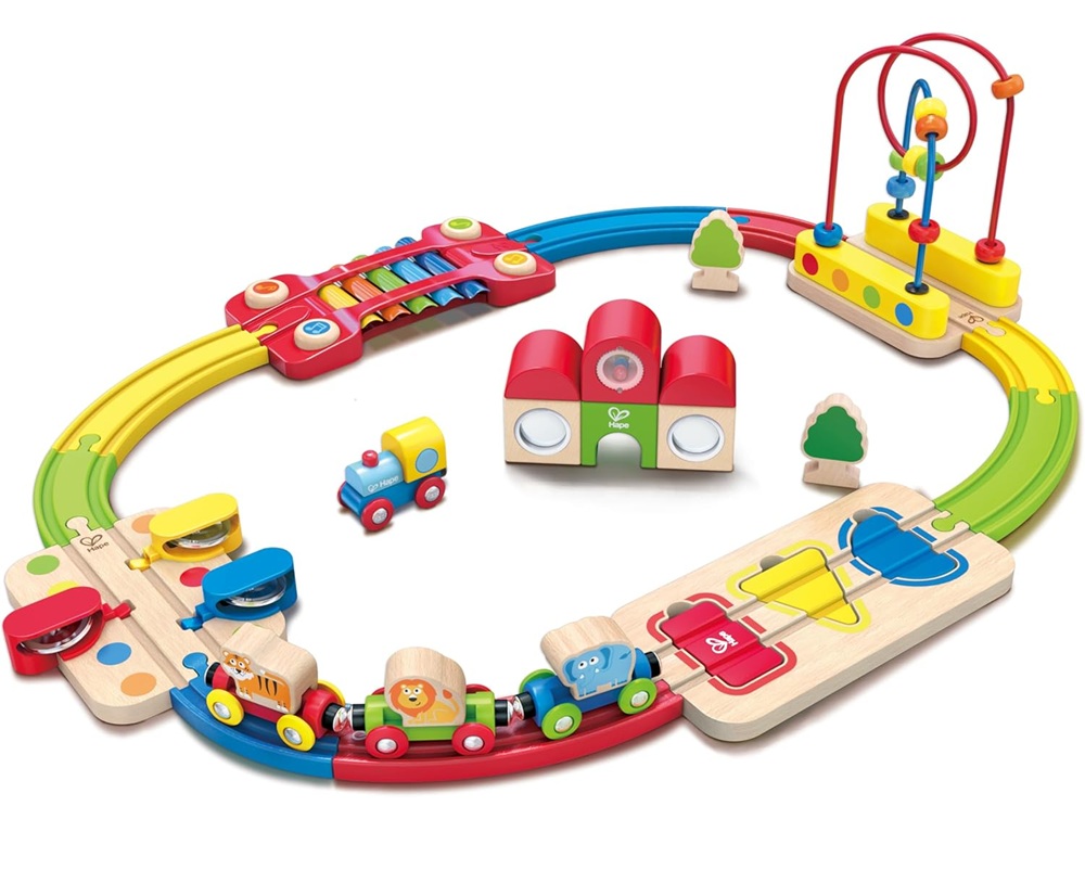 Hape jungle themed rainbow toddler train set