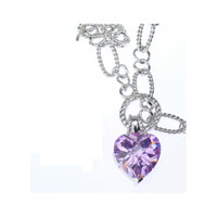 Sterling Silver 925 Oval Rolo Chain Bracelet with Purple CZ Heart Charm