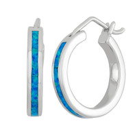 Sterling Silver 925 Blue Opal Inlay Hoop Earrings