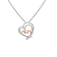 Sterling Silver 925 Half CZ Heart with Rose Gold "MOM" Pendant