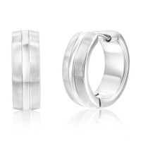 Men's Stainless Steel 15mm Lined Matte and Polished Huggie Hoop Earrings