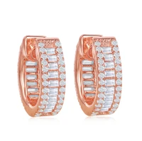 Sterling Silver Rose Gold Plated Baguette White CZ Small Huggie Hoop Earrings