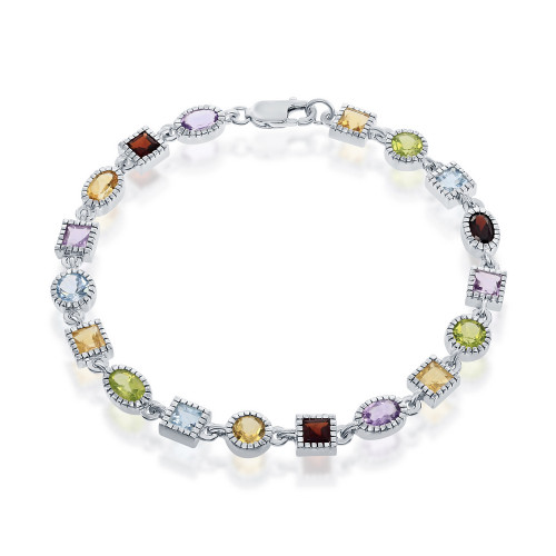 Sterling Silver 925 Multi Colored and Multi Shaped Gemstone Bracelet