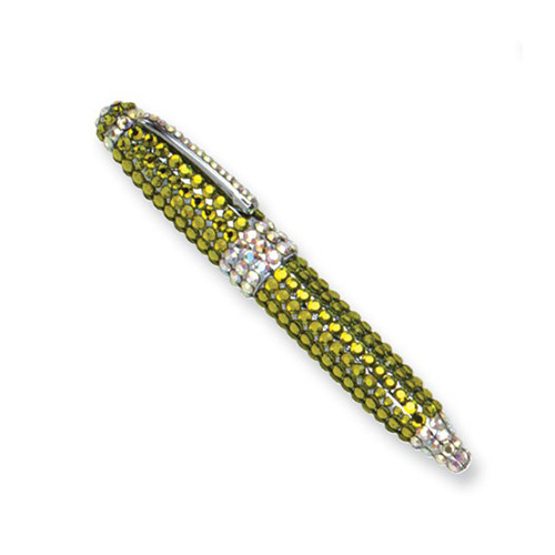 Olive Green / Silver Swarovski Crystal Retractable Black Ink Ballpoint Pen with Pen Pouch
